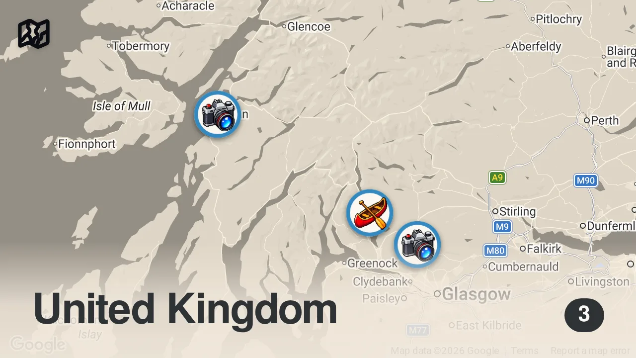 Map of 3 spots from 3 BEST Whisky Tours from Glasgow Scotland