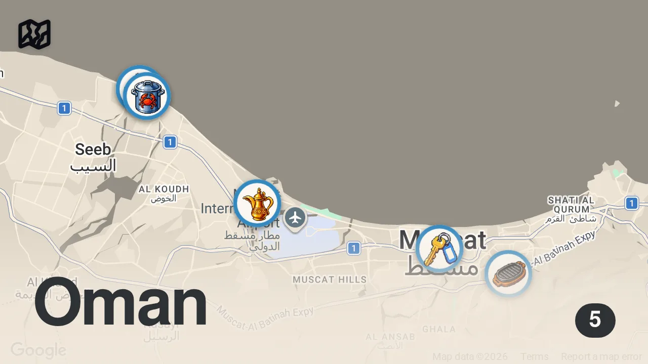 Map of 5 spots from Arabian Seafood Tour!! FISH MARKET + Most Unique Seafood in Oman!! 🇴🇲