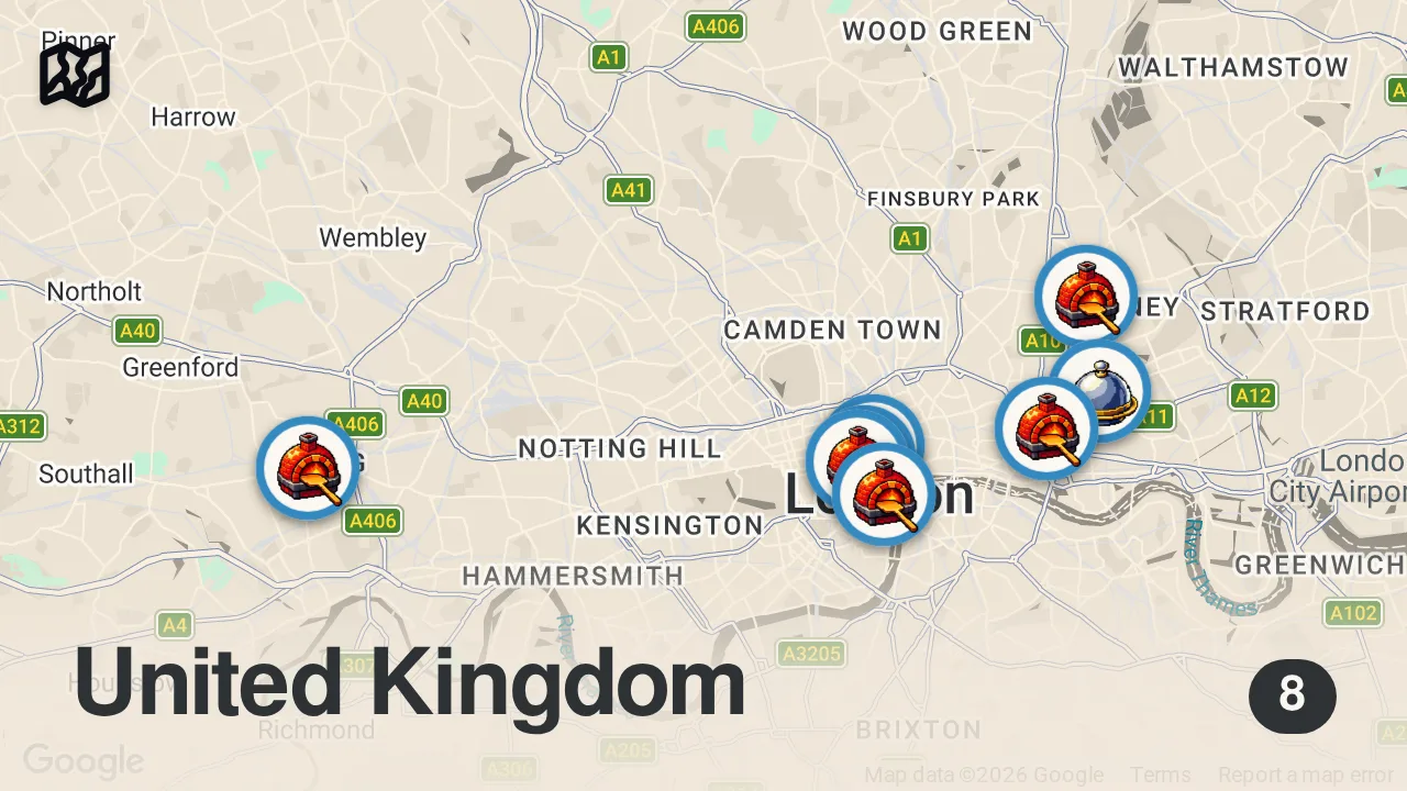 Map of 8 spots from Finding the Best Pizza in London
