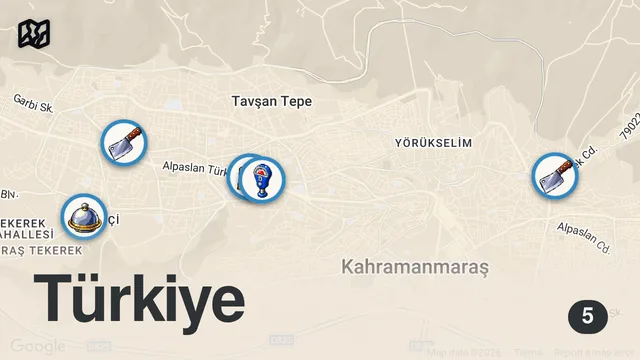 Map of KAHRAMANMARAŞ'IN SAKLI LEZZETLERİ | YÖRESEL YEMEK TURU