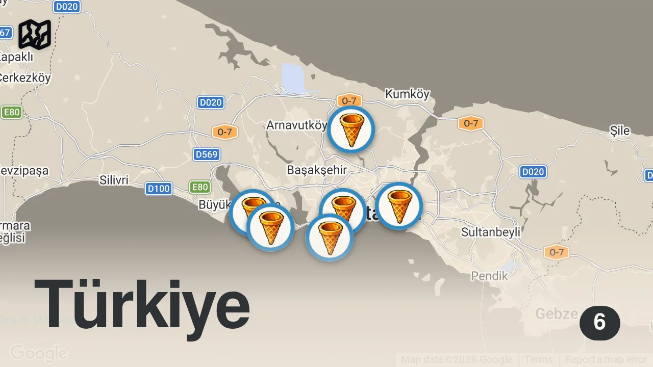 Map of 6 spots from 3,5 TL DONDURMA VS 11 LİRALIK DONDURMA 🍦