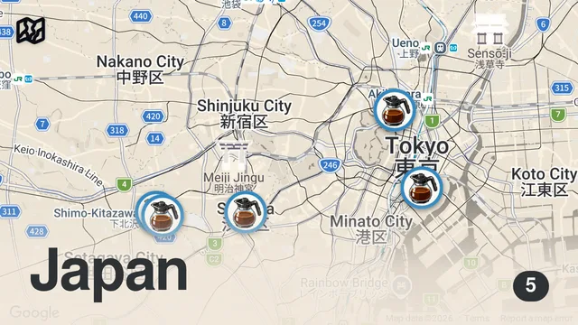 Map of Our 5 favorite coffee shops in Tokyo