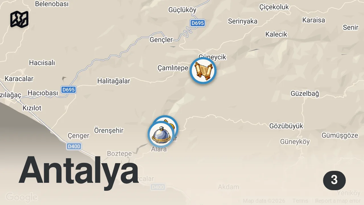 Map of 3 spots from Ali Köprüsü | Alara Çayı’nda 800 Yıllık Selçuklu Mirası