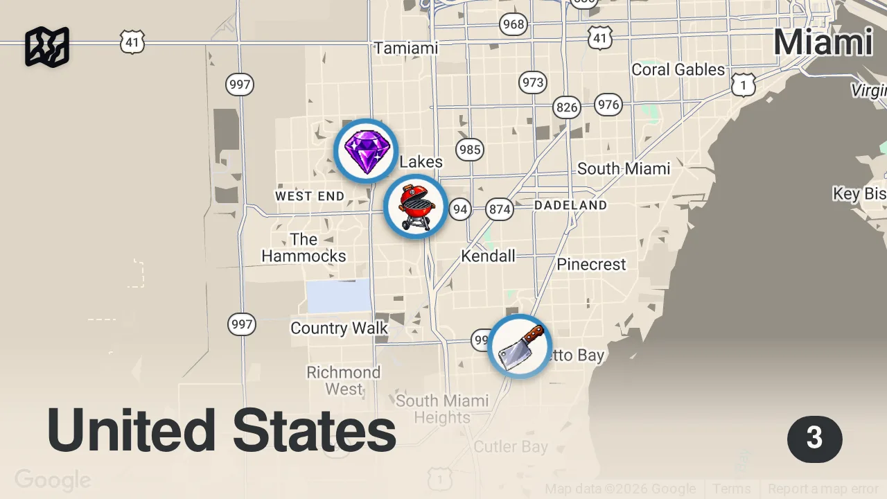 Map of 3 spots from Eating the BIGGEST BBQ Meat Platter in Miami, Florida!!
