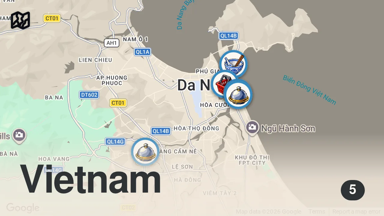 Map of 5 spots from 24H In DA NANG – Ultimate Vietnamese Food Tour + Night Market & Salted Chicken
