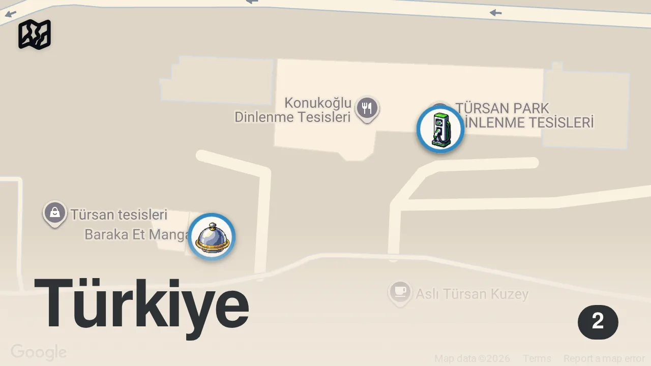 Map of 2 spots from İSTANBUL ANKARA OTOBANI ÜZERİ FİYAT PERFOORMANS EN İYİ MEKAN OLABİLİR👌 #reklam