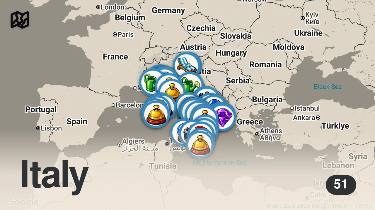 Map of 51 spots from 50 Tra i Borghi di Mare più Belli d'Italia | 4K Guida di Viaggio