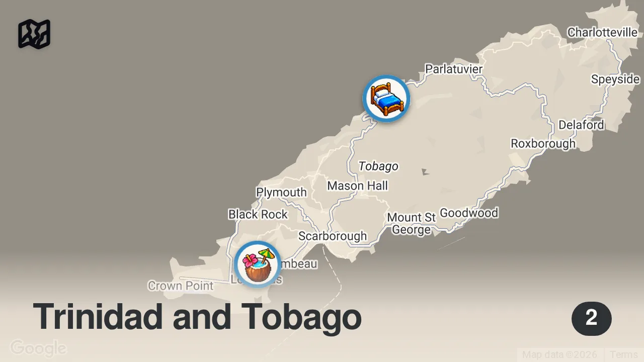 Map of 2 spots from Crab and Dumplings!! 🦀 NATIONAL FOOD in Tobago Island + Breadfruit Roast & Dirt Oven!!