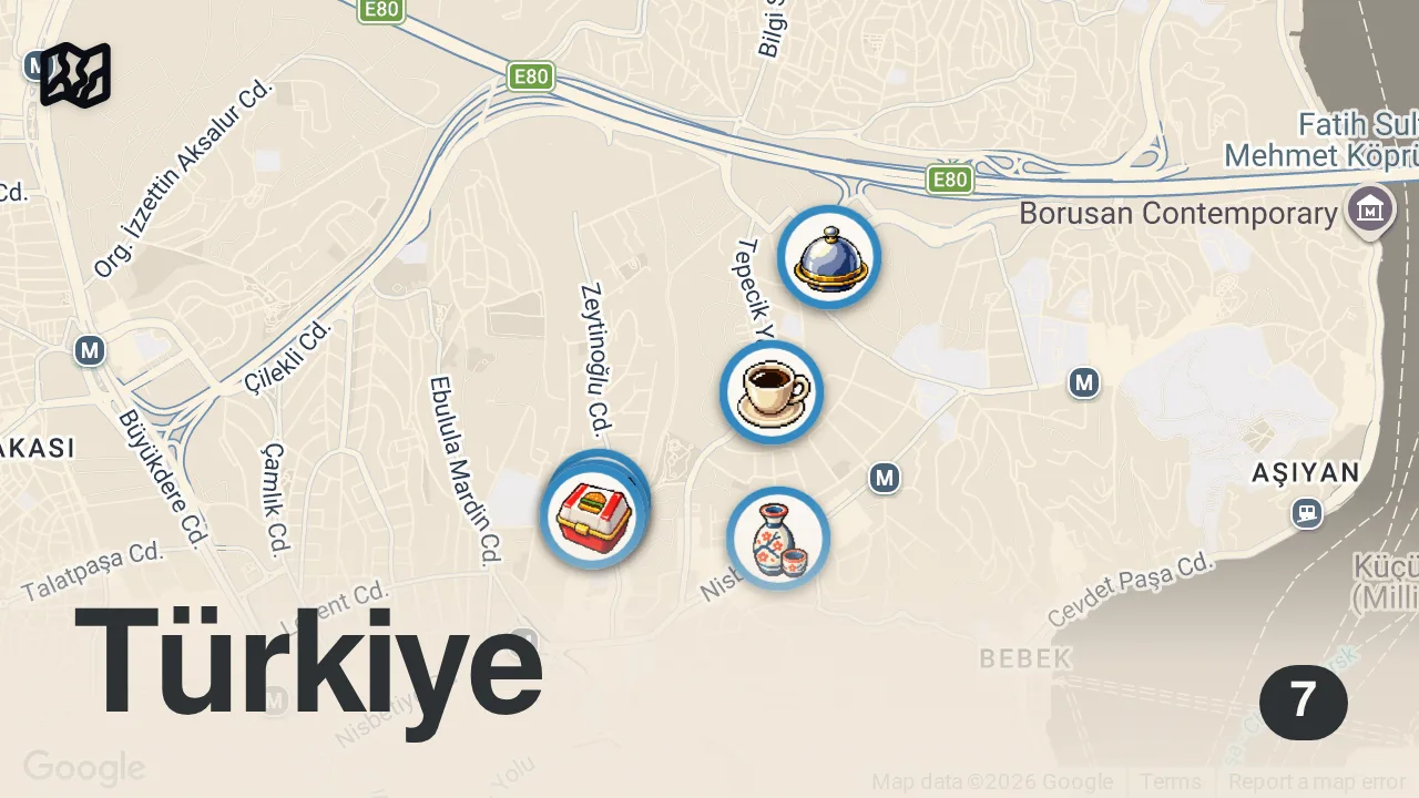 Map of 7 spots from Etiler Lezzet Rehberi | Kebap, Beef Tataki, Smash Burger, Poşe Yumurta - Ayaküstü Lezzetler