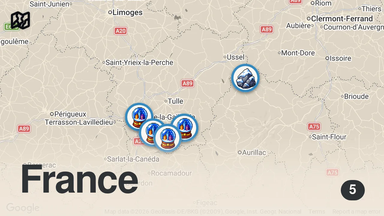 Map of 5 spots from CORRÈZE | Trip en vélo à travers 4 Plus Beaux Villages de France & Découverte de la Haute-Corrèze !