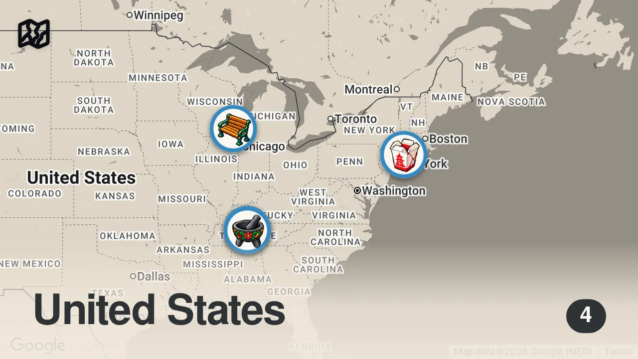Map of 4 spots from Eating Food Trucks For 24 Hours... (BANGERS)