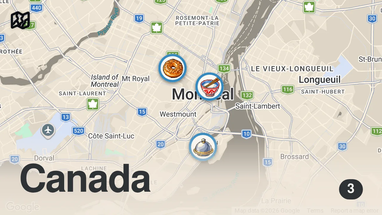 Map of 3 spots from EPIC Montreal Food Tour with HandPulled Noodles!