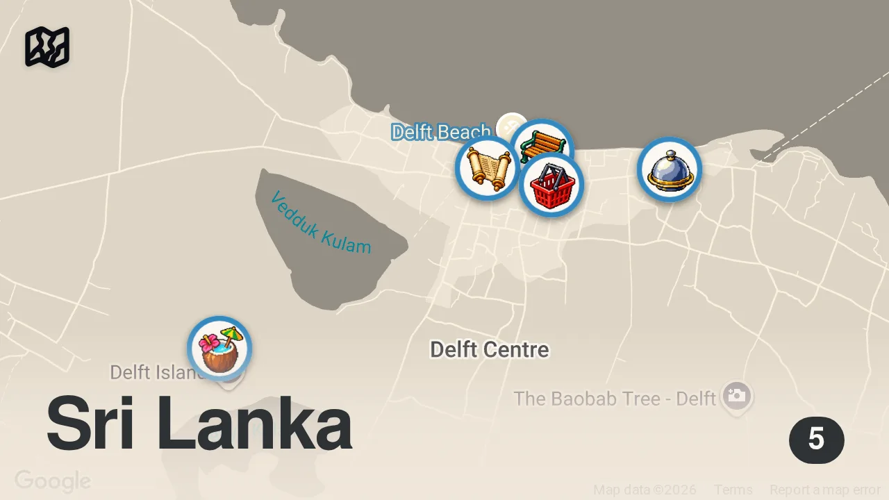 Map of 5 spots from $500 Tuk-Tuk Ride In The Remotest Village Of Sri Lanka - Delft Island (Neduntheevu) 🇱🇰