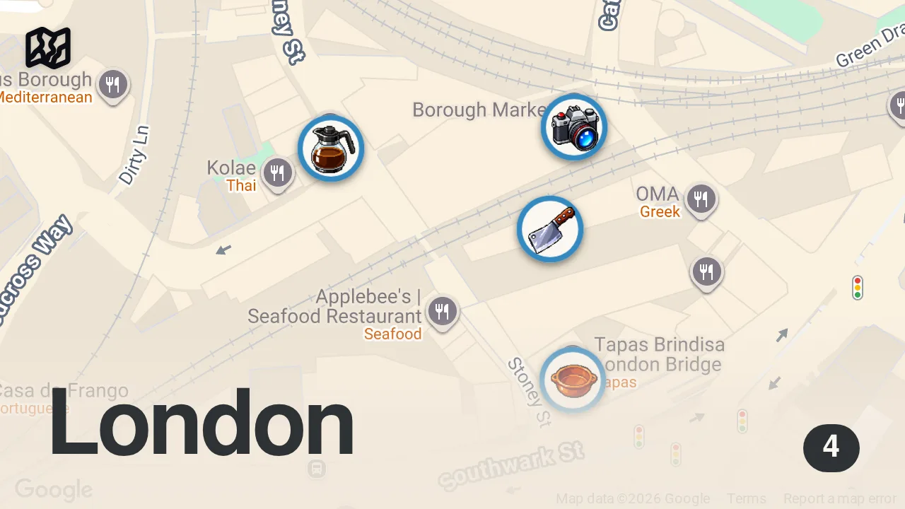 Map of 4 spots from Borough Market in London - What You Should Eat | London Street Food Tour!