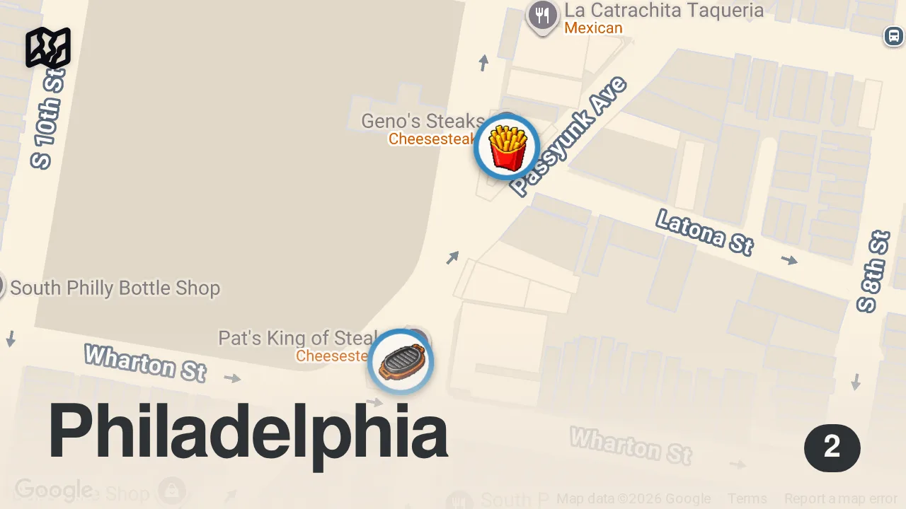 Map of 2 spots from BEST CHEESESTEAK IN PHILLY!? Pat's vs Geno's! Food Challenge | DEVOUR POWER