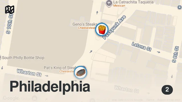 Map of BEST CHEESESTEAK IN PHILLY!? Pat's vs Geno's! Food Challenge | DEVOUR POWER