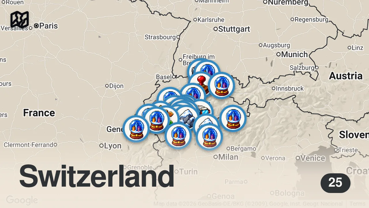 Map of 25 spots from 25 Most Beautiful Places You Must See in SWITZERLAND | TRAVEL VIDEO 4K