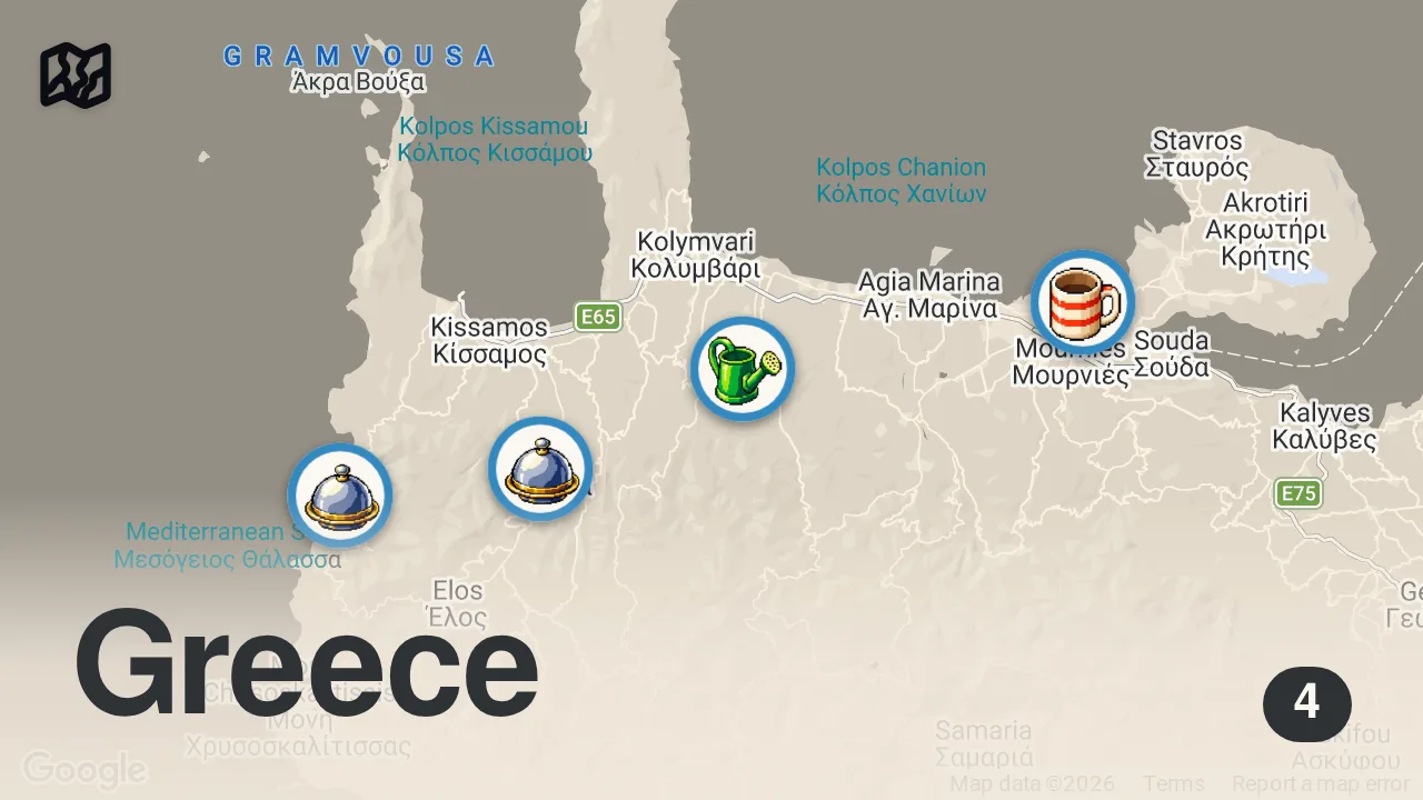 Map of 4 spots from INSANE Greek Street Food 🇬🇷 CRETE SEAFOOD PARADISE + Village BBQ Pork + 101 year-old Bougatsa