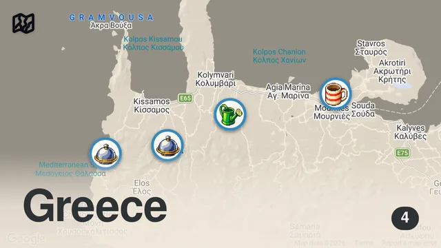 Map of INSANE Greek Street Food 🇬🇷 CRETE SEAFOOD PARADISE + Village BBQ Pork + 101 year-old Bougatsa