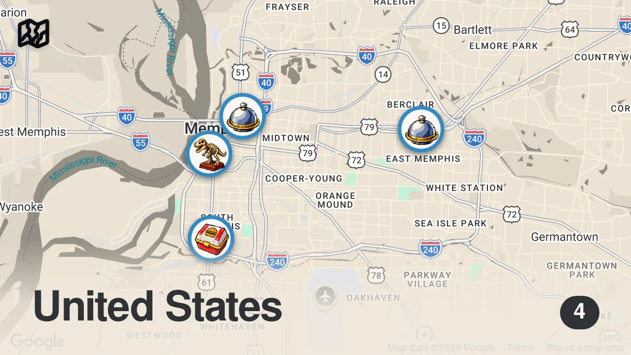 Map of 4 spots from Eating at SKETCHY Restaurants For 24 Hours in Memphis...