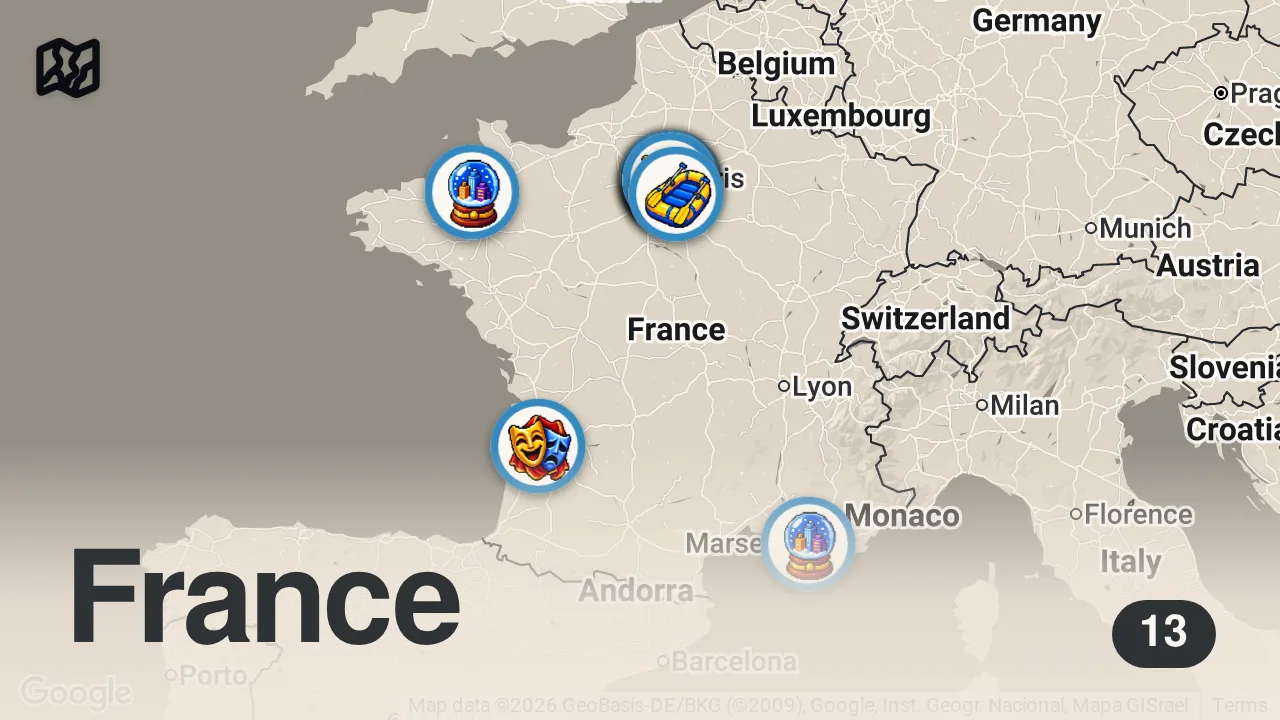 Map of 13 spots from 10 Choses à Faire en France Absolument !!!