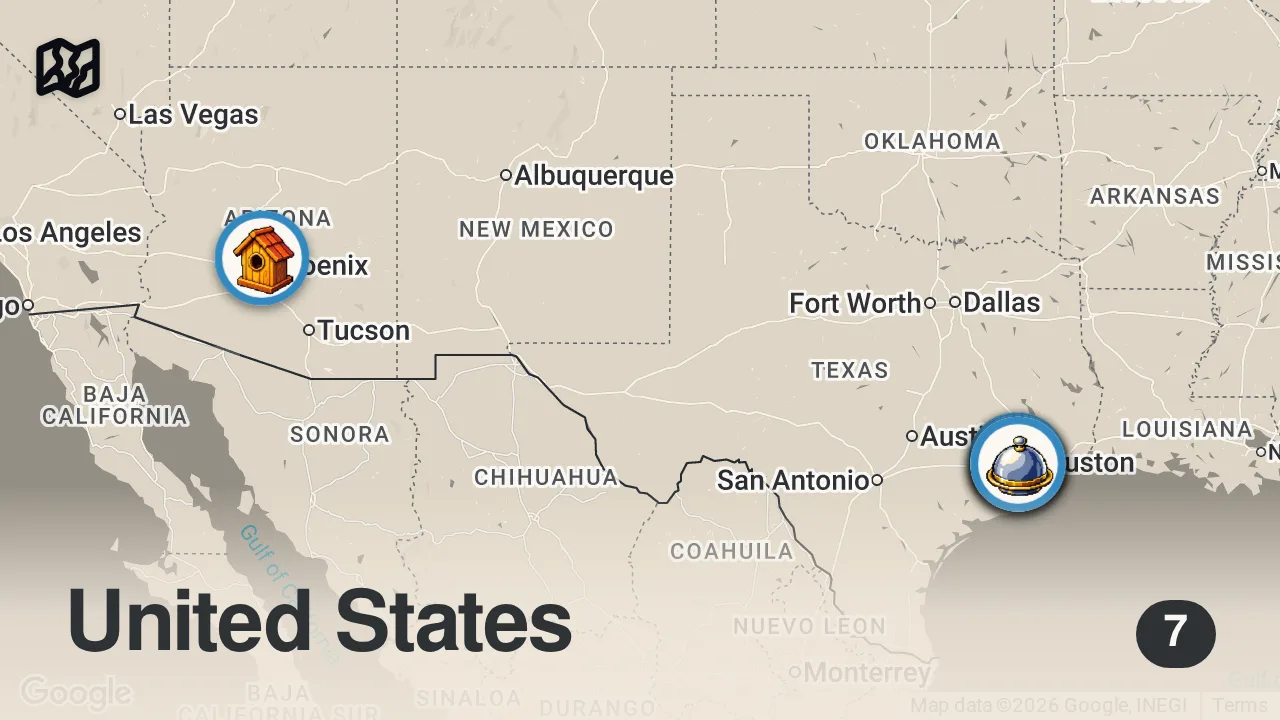 Map of 7 spots from 24HRS in HOUSTON - A Michelin Chef Shows Us Where To Eat - ft. Live Fire, Mexican, Burgers & More