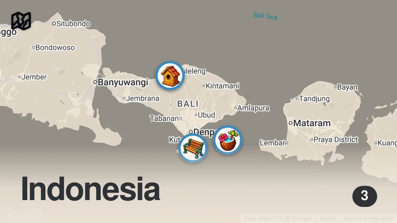 Map of 3 spots from 6 Things to do in Bali📍