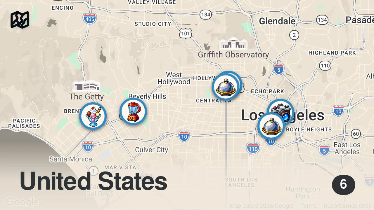Map of 6 spots from Eating all of my favorite LA foods in 24 hours #shorts
