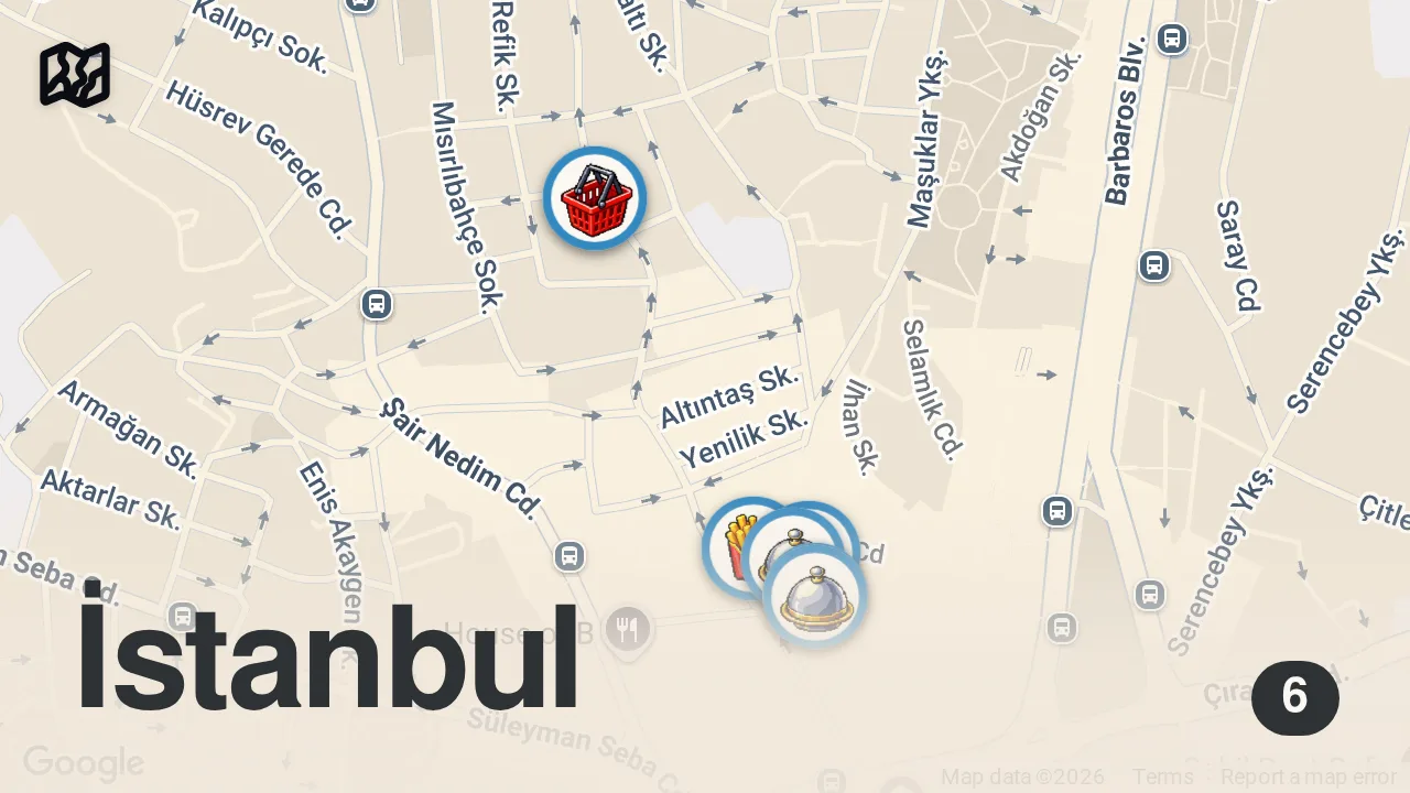 Map of 6 spots from ISTANBUL Street Food - BIGGEST DONER KEBAB IN THE WORLD + STREET FOOD IN TURKEY