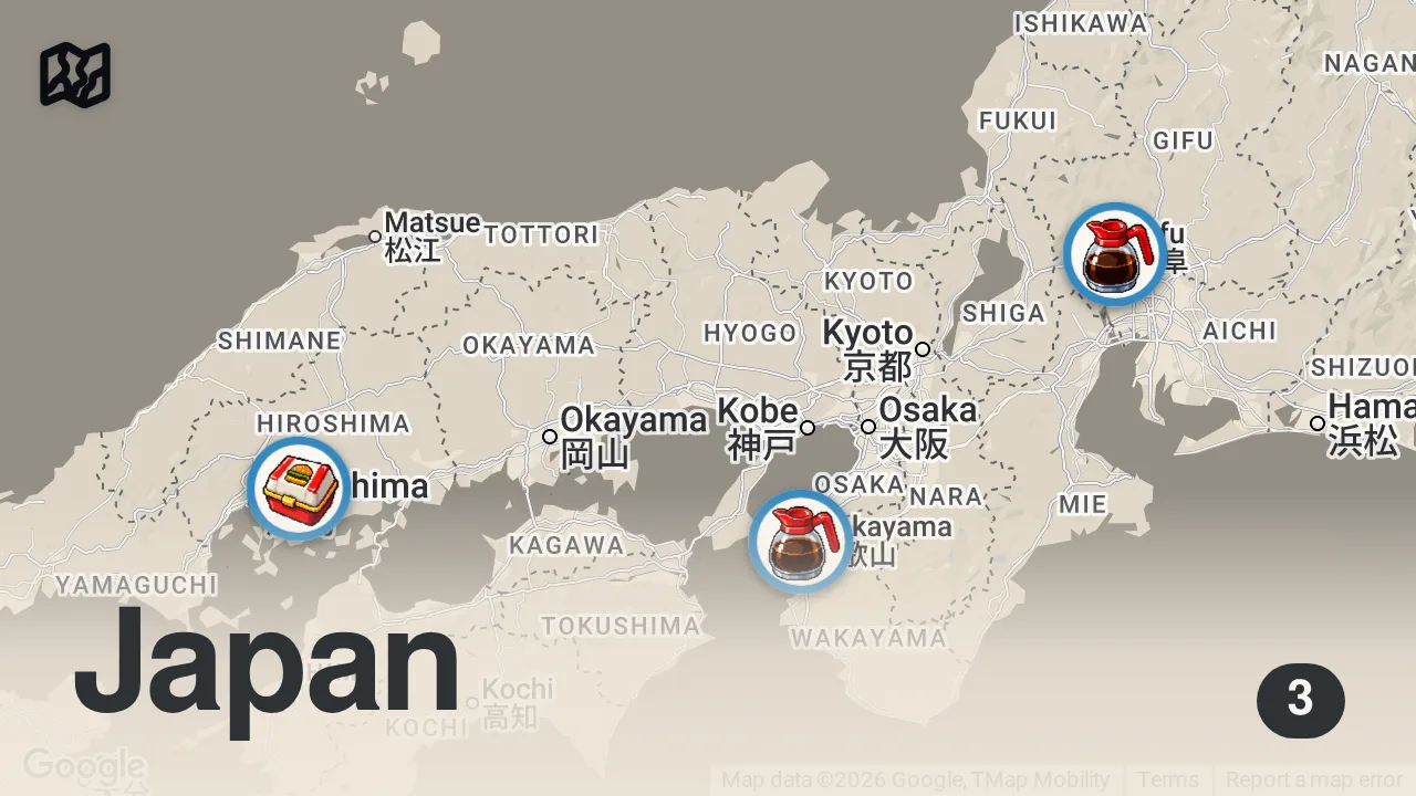 Map of 3 spots from Everything I ate to Cycle Across Japan | Part 2