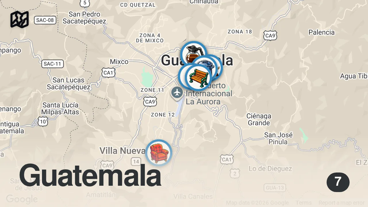 Map of 7 spots from Guatemala Street Food Tour!! 🇬🇹 CRAZIEST HOT DOGS in the World in Guatemala City!