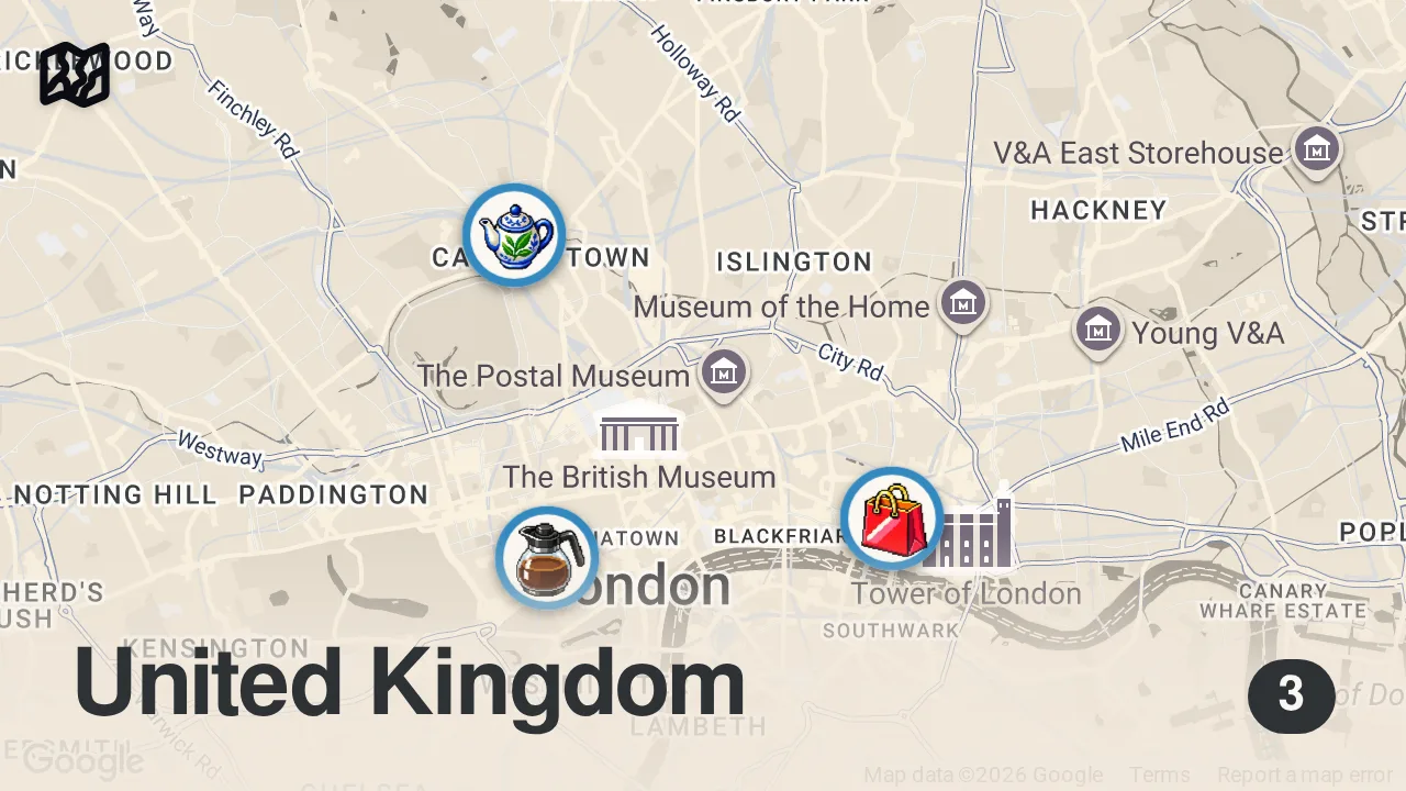 Map of 3 spots from Finding the Best Cup of Tea