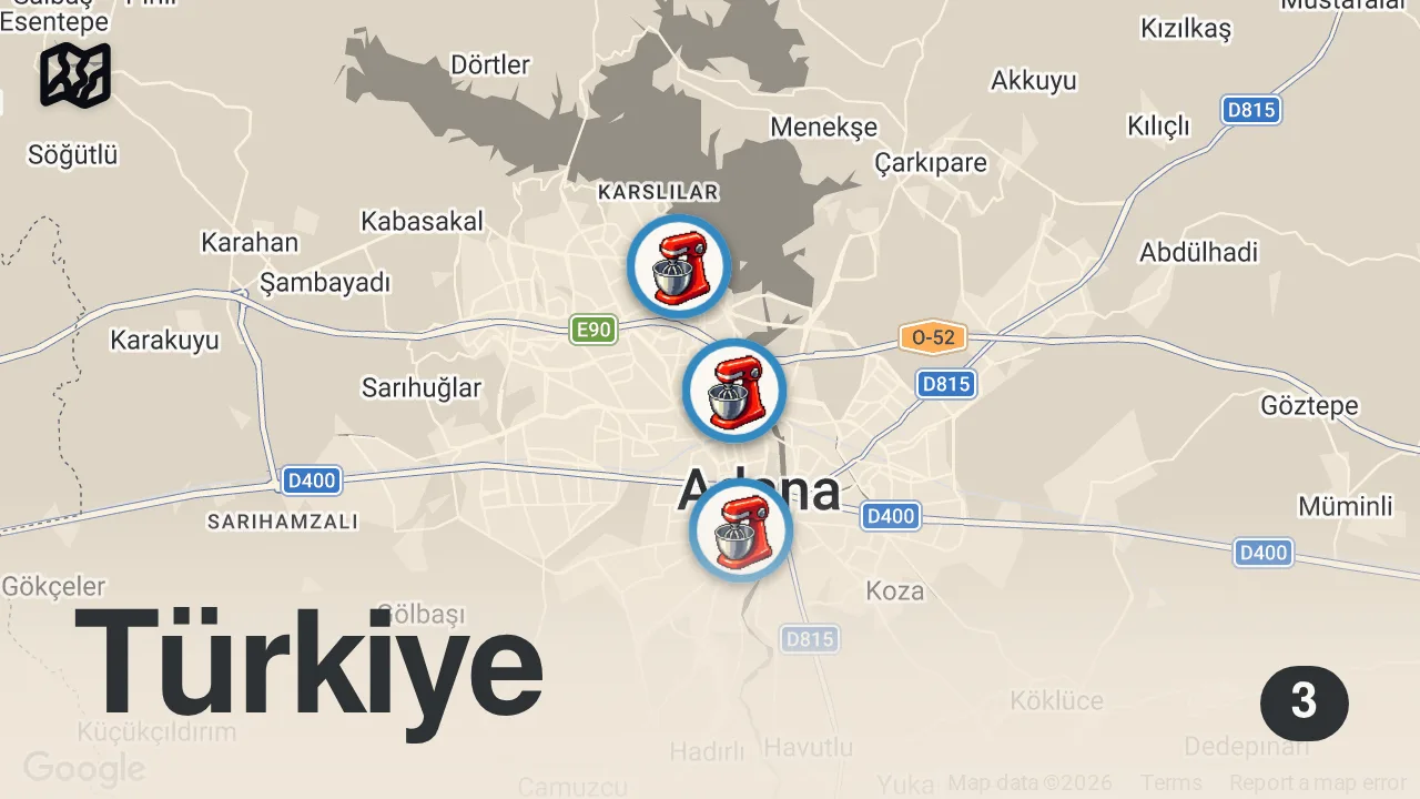 Map of 3 spots from BU BÖREK SADECE GECE YENİLİYOR | ADANA BÖREKLERİ