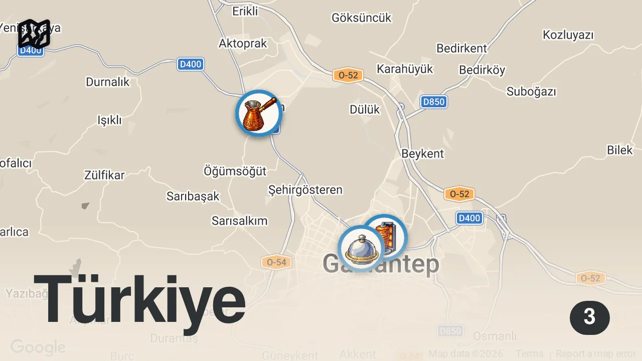 Map of 3 spots from Antep'te Deneyeceğiniz En Acı Ve Baharatlı Yemek!