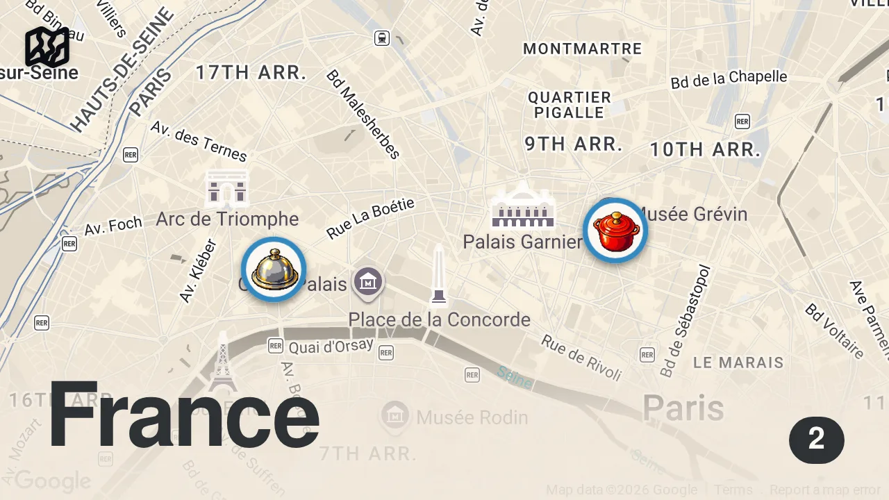 Map of 2 spots from I Ate at Paris's Most Expensive Restaurant