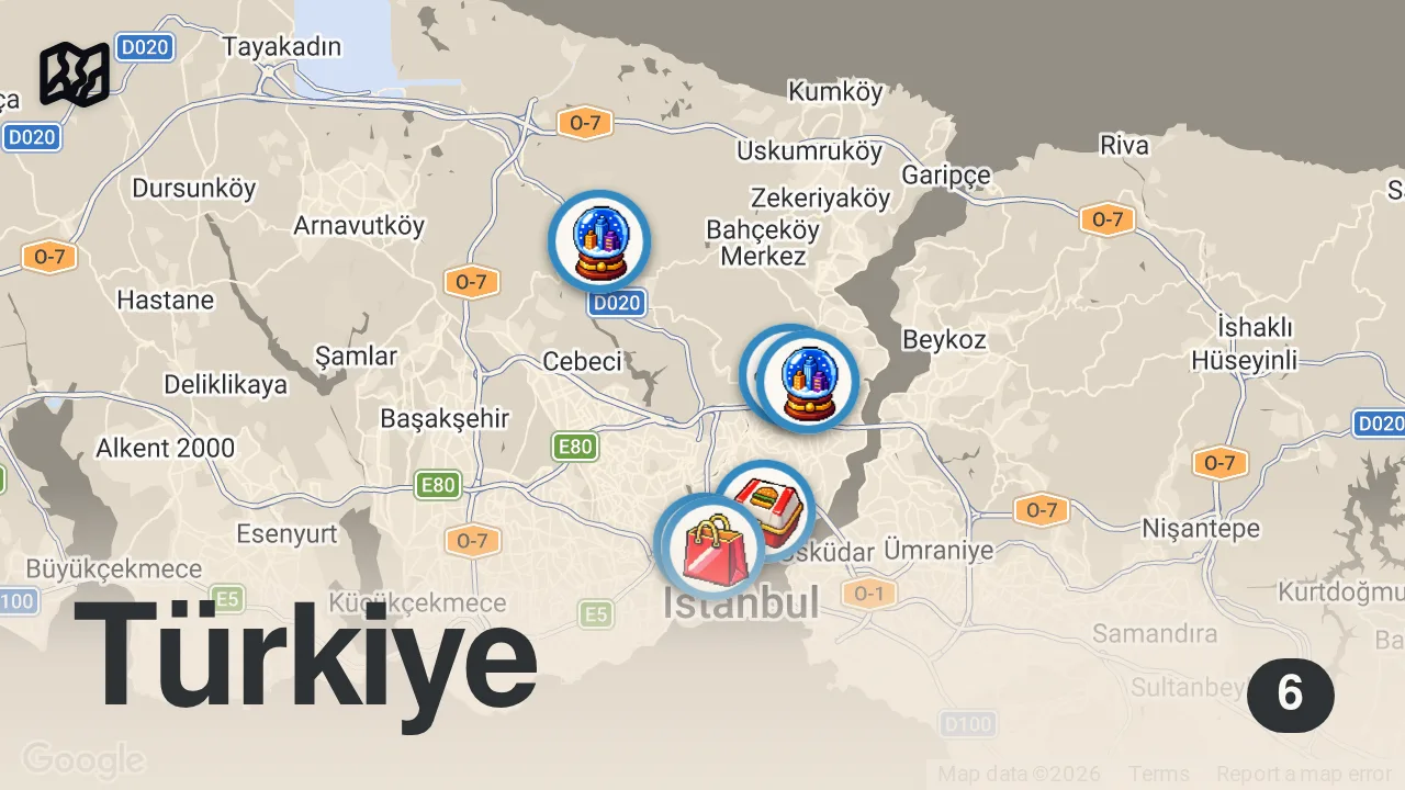Map of 6 spots from İSTANBUL HAMBURGER REHBERİ 🍔 | Avrupa Yakası’ndan 3 Burger Durağı