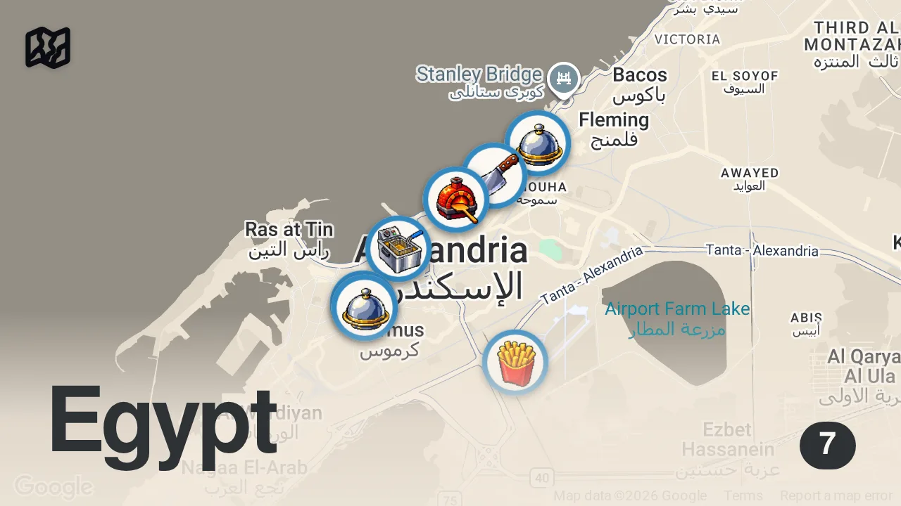 Map of 7 spots from Egyptian Street Food - 24 HOURS in Alexandria, Egypt!!