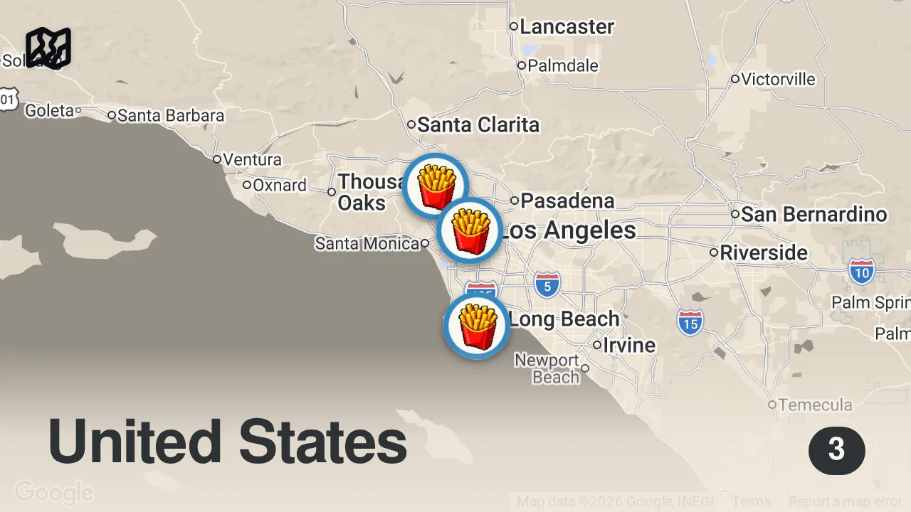 Map of 3 spots from Eating At Fast Food Restaurants I've Never Heard Of... (Los Angeles)