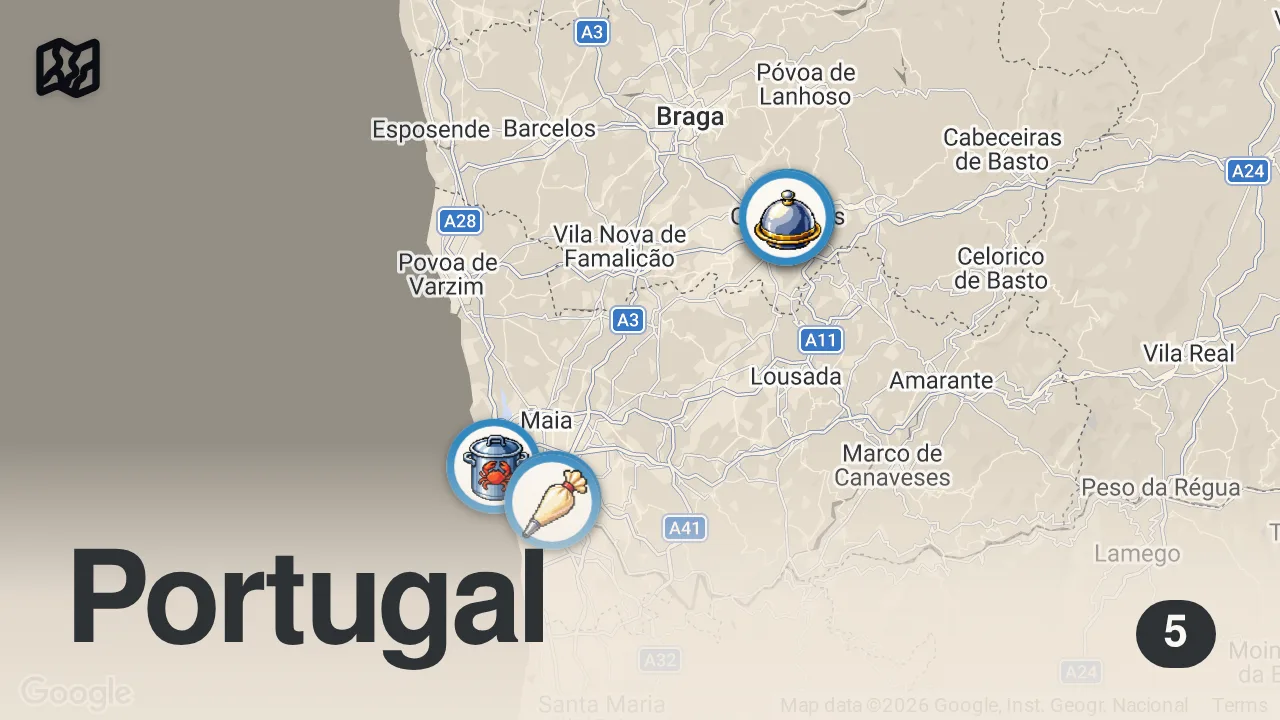 Map of 5 spots from 48H In PORTUGAL : Incredible Eats in Porto & Guimarães - From Éclairs to Seafood