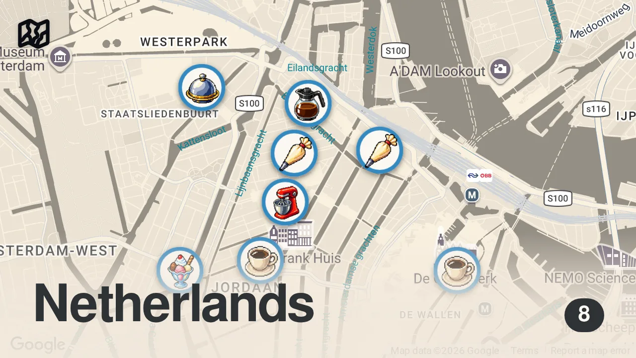 Map of 8 spots from Cafe hopping in Amsterdam 🇳🇱 Dutch apple pie, pistachio brioche & Greek bougatsa
