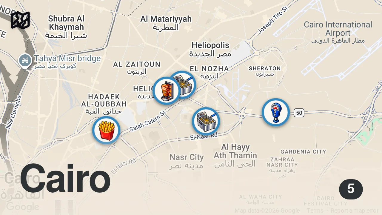 Map of 5 spots from $1 Egyptian STREET FOOD!! Cairo is Food Paradise!! 🇪🇬