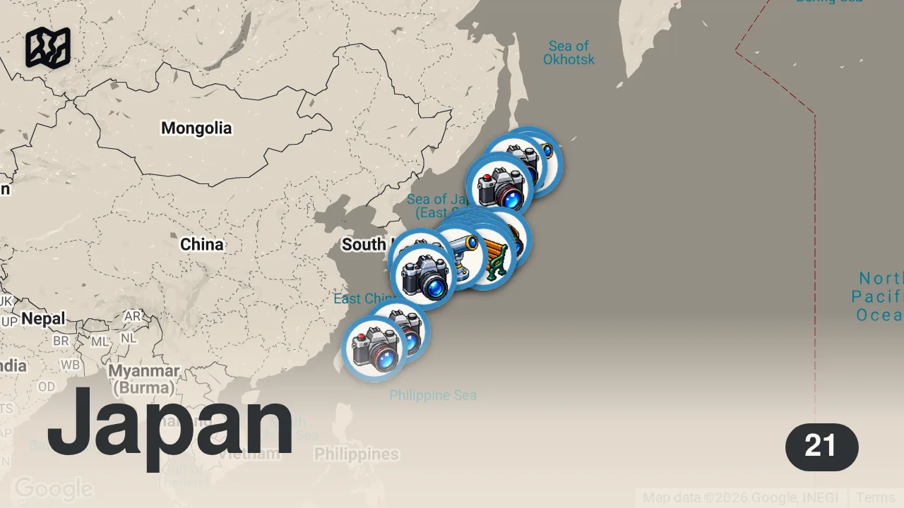 Map of 20 spots from 【4K】一生に一度は見たい日本の絶景20選|息を呑むほど美しい、異世界の旅路。
