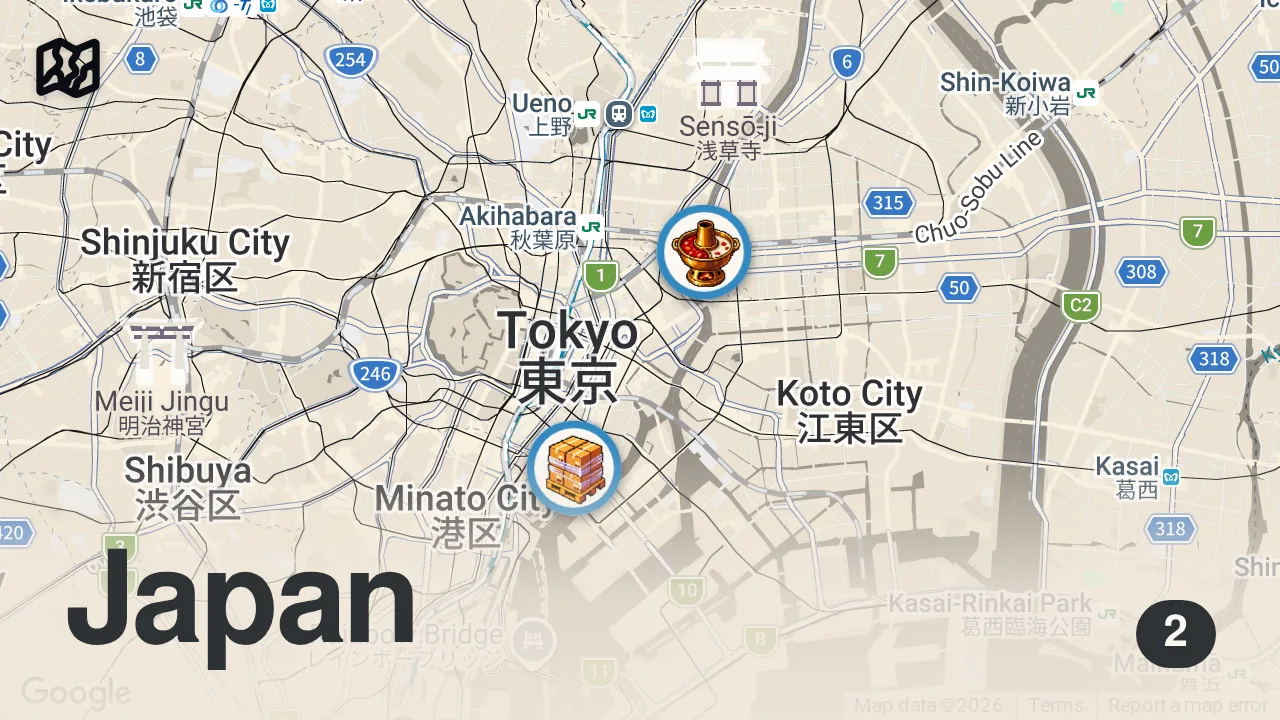 Map of 2 spots from Eating what SUMO WRESTLERS Eat in Tokyo Japan!