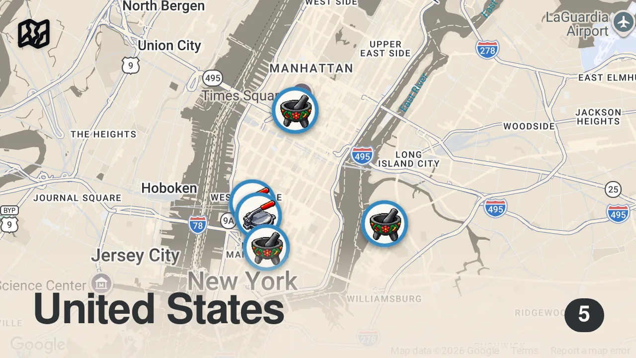 Map of 5 spots from I Ate Viral Tacos in New York City