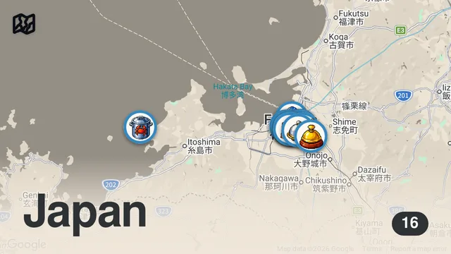 Map of 【福岡グルメ16選】福岡・博多旅行でおすすめの絶品グルメを大紹介！人気の博多ラーメン・もつ鍋から地元で愛される名店まで、人生に一度は訪れたいまさに極上のお店です！