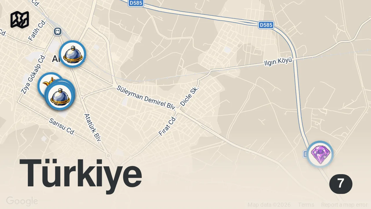 Map of 7 spots from ALAŞEHİR LEZZETLERİ (Kapama, horozlu keşkek, kesikli pide) VLOG #2 - Ayaküstü Lezzetler