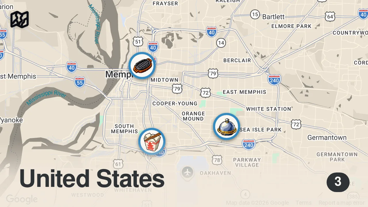 Map of 3 spots from Eating in The MOST Dangerous City in America For 24 Hours...