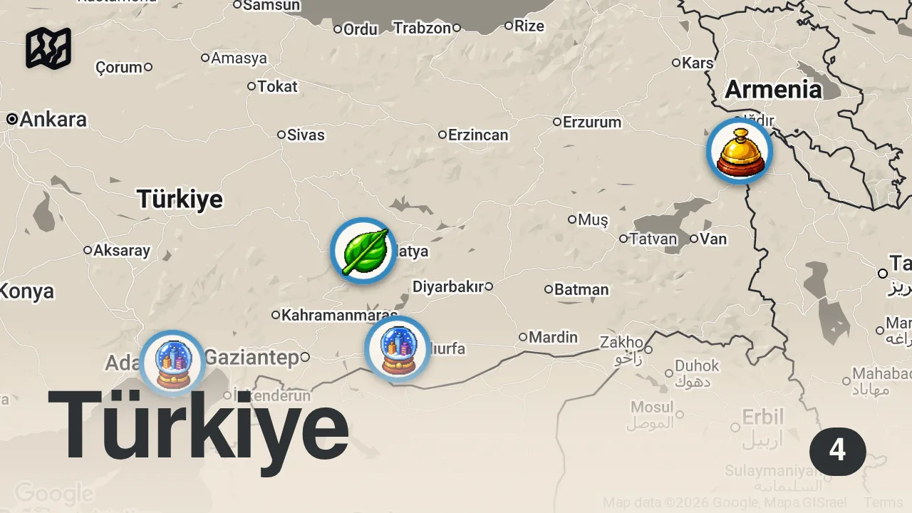 Map of 4 spots from BU İÇLİ KÖFTE TARİFİ 100 YILLIK!!! | İÇLİ KÖFTE TARİFİ