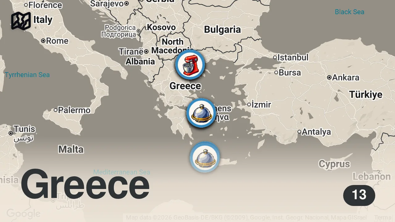 Map of 13 spots from 25 GREEK FOODS You Must Try! - From Bougatsa & Souvlaki to Lamb Chops 🇬🇷