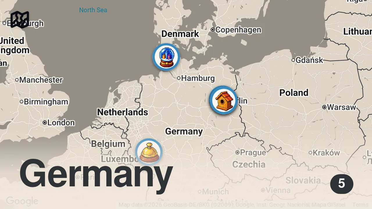 Map of 5 spots from 320€ MENU in Berlin's only 3 MICHELIN STAR Restaurant - Rutz (Germany)